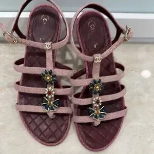 CHANEL | Shoes | Chanel Pink Strappy Sandals With Floral Accents